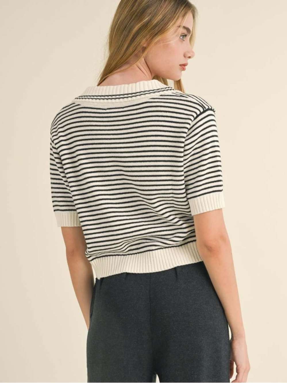 NEW Nati black striped collard knit top short sleeve sweater M - Picture 9 of 9